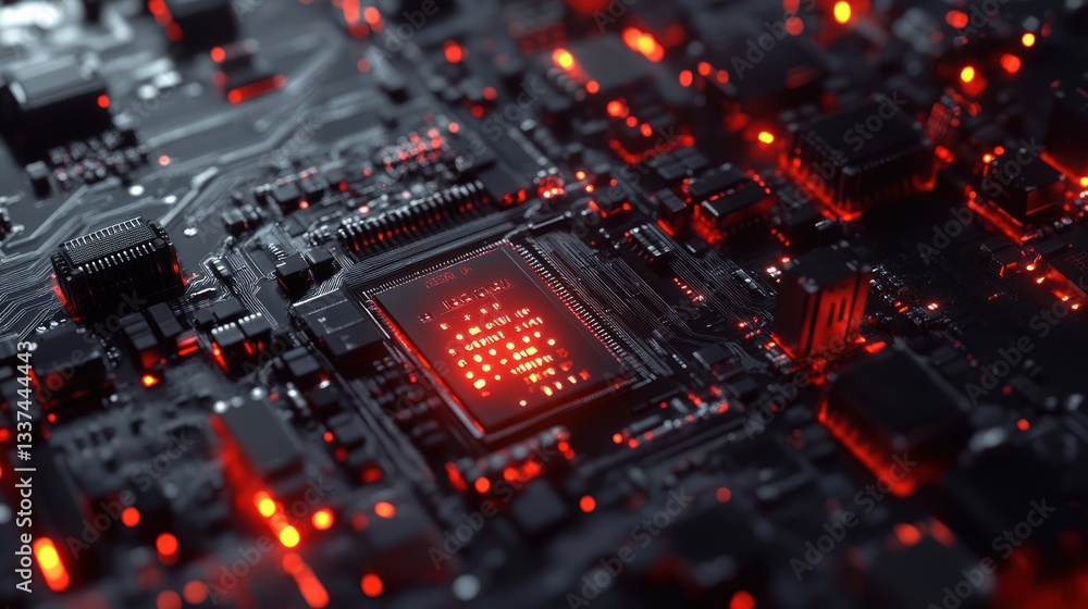 Close-up of a circuit board with glowing red components. Close-up of a circuit board with glowing red components.