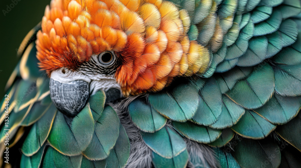 Fototapeta premium An exquisite close-up portrait of a rare parrot with radiant jade-green and amber-yellow feathers, intricate patterns, and crystal-clear details