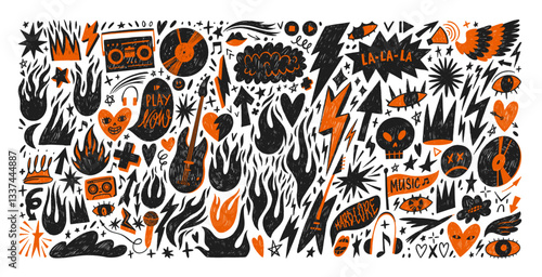 Set of graphic punk doodle shapes and figures, music abstract stickers. Y2k rock and roll stickers with grunge texture. Crayon drawn retro music elements. Cassette, guitar, crown, fire, lightning.