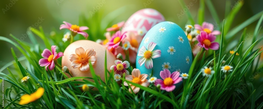 Vibrant Easter eggs adorned with fresh flowers nestled in spring grass, hyacinths, festive Vibrant Easter eggs adorned with fresh flowers nestled in spring grass, hyacinths, festive