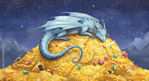 Dragon Sleeping on a Golden Treasure Pile Under a Starry Sky