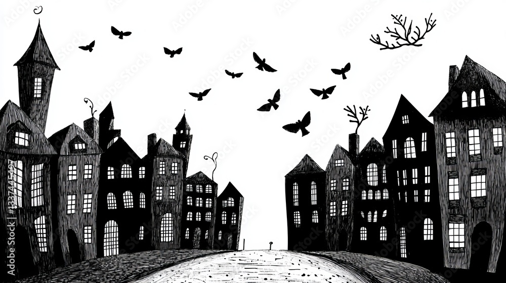 A simple black and white drawing of a city street.
A simple black and white drawing of a city street.