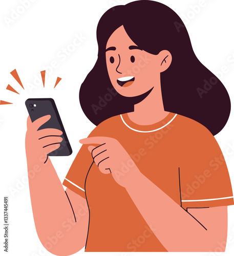 Woman holding mobile phone in hand. Female using smartphone, browsing internet, texting, messaging online. Happy person looking on cellphone. Flat vector illustration isolated on white background