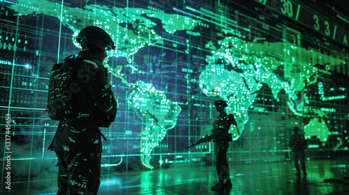 Tactical operators observing green digital world map projection in strategic command post. High-tech military intelligence facility with personnel analyzing global data visualization interface