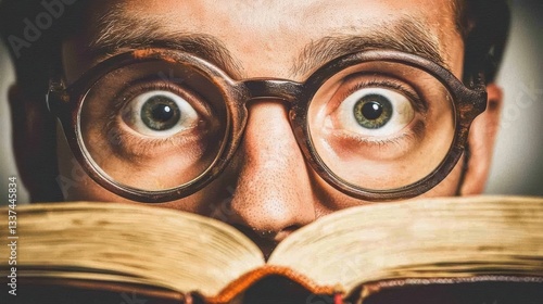 Surprised reader engaged in a book home library portrait indoor close-up curiosity and discovery