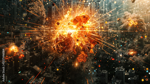 Massive explosion in urban environment with fiery orange blast wave. Detailed visualization of destructive force with flying debris, sparks, and smoke against cityscape backdrop. Cinematic disaster 