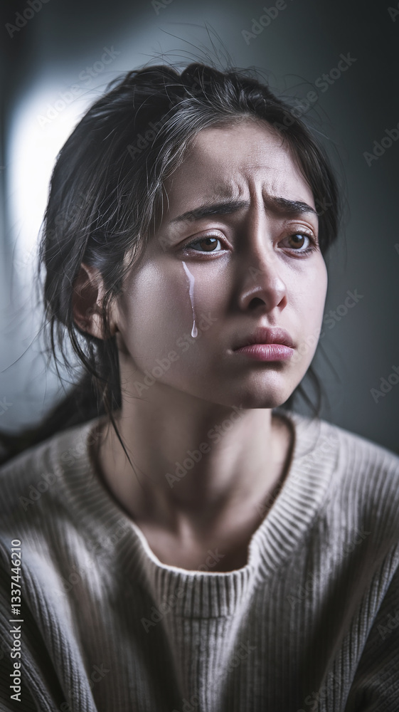 Close-up of young woman crying, tear rolling down cheek, wearing beige sweater, conveying sadness and emotional distress, suitable for mental health awareness Close-up of young woman crying, tear rolling down cheek, wearing beige sweater, conveying sadness and emotional distress, suitable for mental health awareness