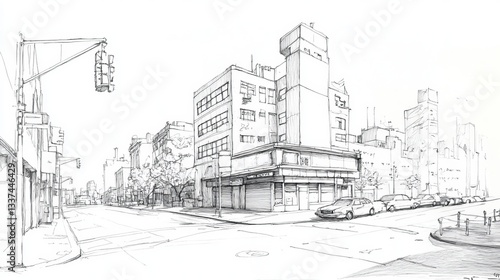 A simple black and white drawing of a city street corner.
