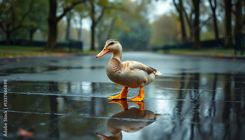 Fototapeta premium Duck Walking in Puddle Reflecting on Rainy Day Street Scene