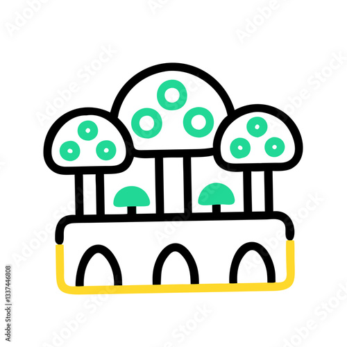 Mushroom farm icon with house, trees and mushrooms for organic rural farms
