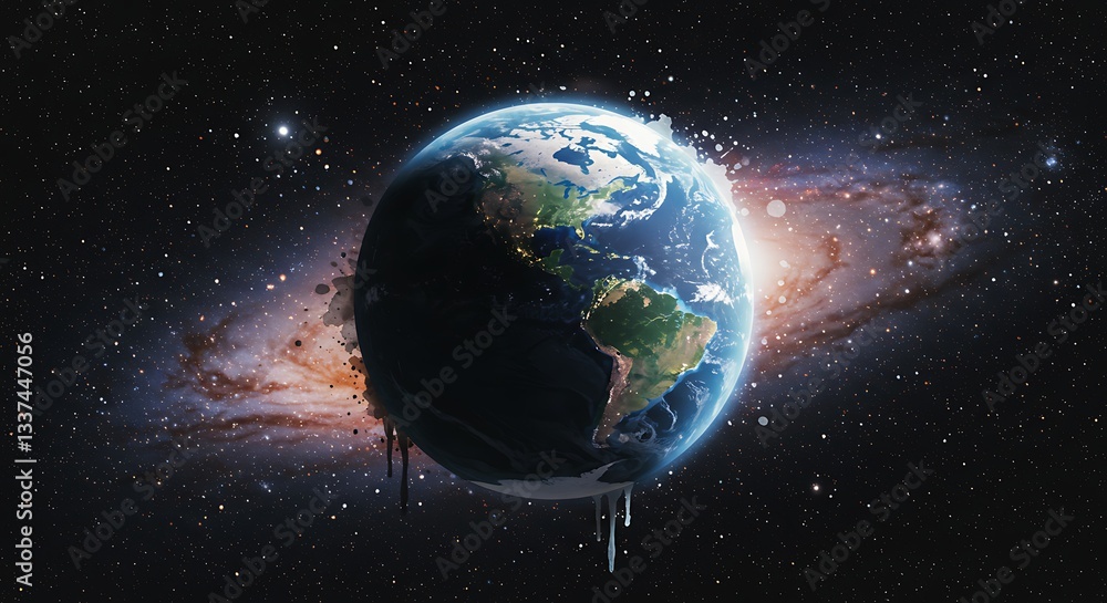 Fototapeta premium Earth in Space with Galaxy Background and Melting Effect Visual