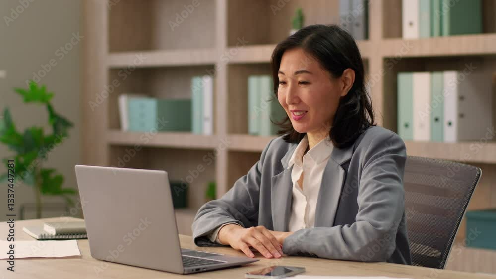 Asian Chinese businesswoman talk video call laptop conference online meeting computer distant chat internet education course female Korean Japanese business woman girl working consultation in office Asian Chinese businesswoman talk video call laptop conference online meeting computer distant chat internet education course female Korean Japanese business woman girl working consultation in office