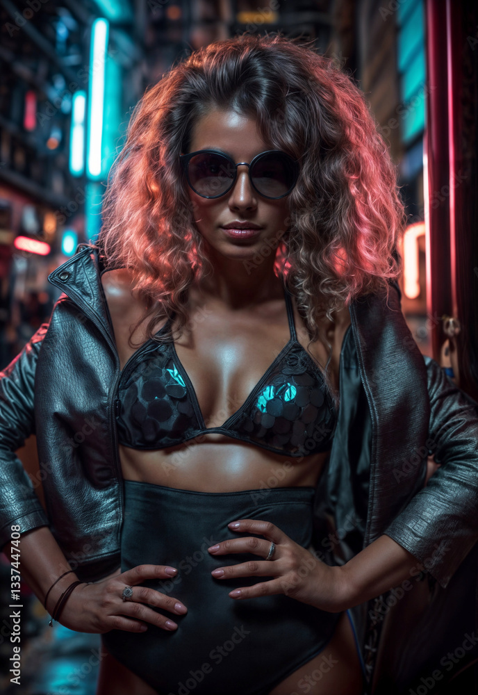 Sexy girl in a black leather jacket , black bra and sunglasses posing in the night city.