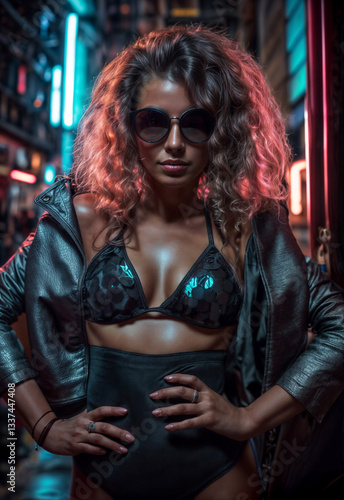 Obraz na płótnie Sexy girl in a black leather jacket , black bra and sunglasses posing in the night city. w salonie
