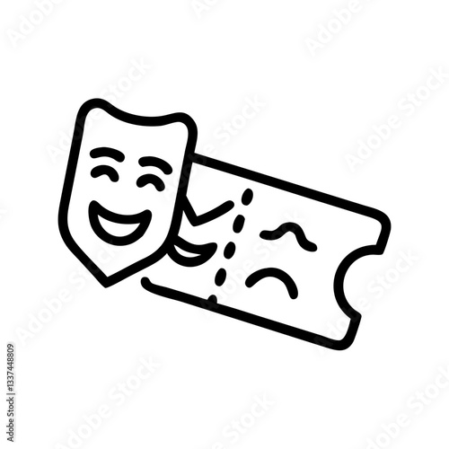 Theater mask and ticket illustration in black and white, minimalist design for entertainment concepts