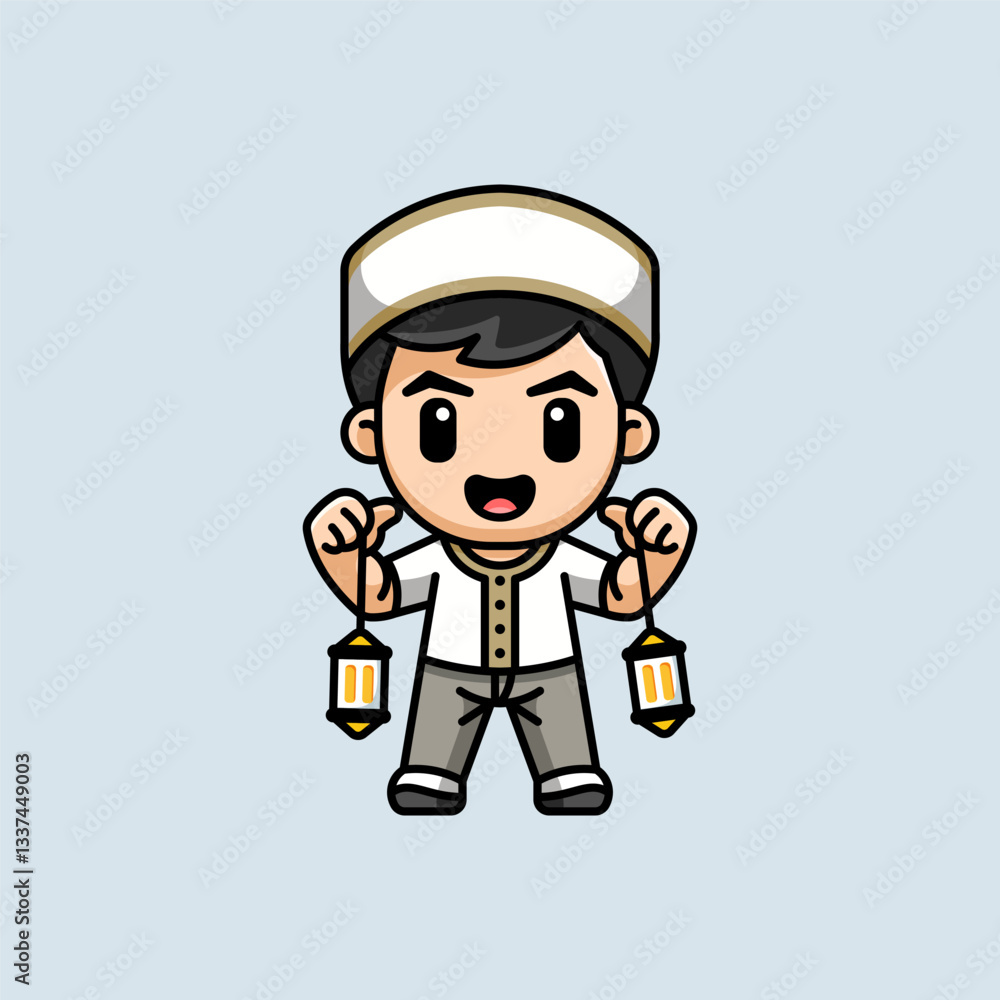 Cute Muslim Boy Holding Lanterns in a Happy Cartoon Illustration Cute Muslim Boy Holding Lanterns in a Happy Cartoon Illustration