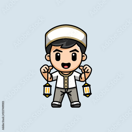 Cute Muslim Boy Holding Lanterns in a Happy Cartoon Illustration