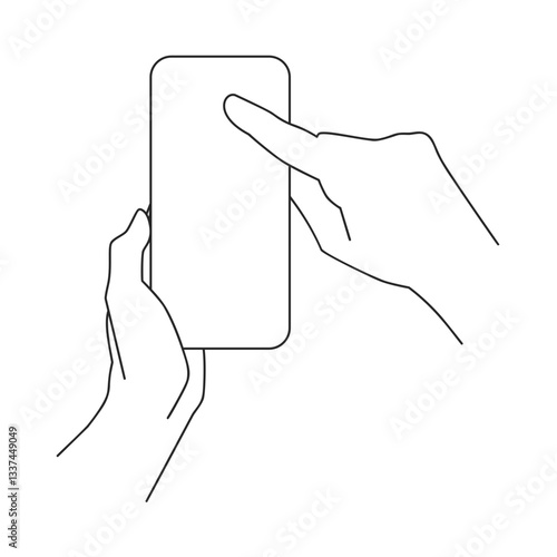A persons hand holding a cell phone or mobile phone mockup and tapping it with their index finger with a blank screen for copy space in outline vector