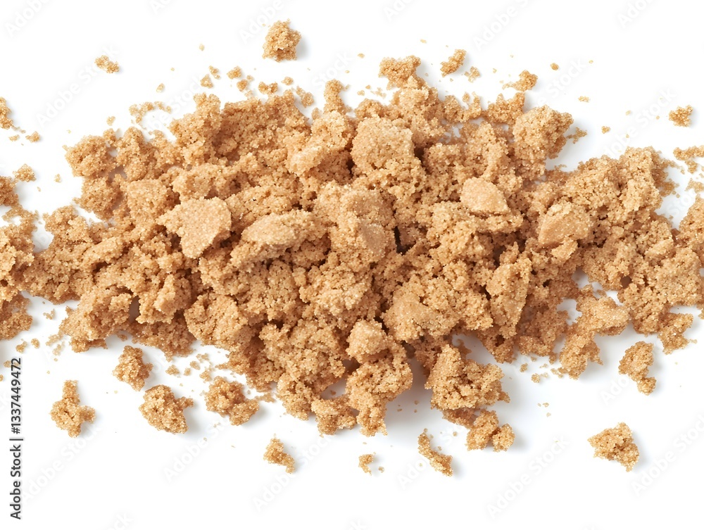 A close-up studio shot shows a pile of light brown granulated sugar crumbs scattered on a white background. A close-up studio shot shows a pile of light brown granulated sugar crumbs scattered on a white background.