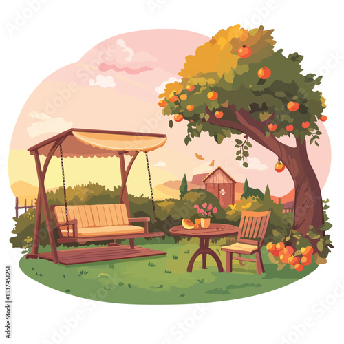 Rustic Country Home Backyard Sunset with Outdoor Furniture Scene