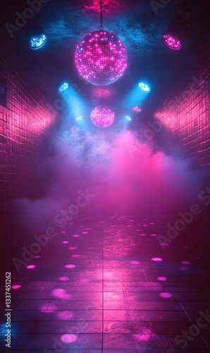 Moody nightclub hallway with disco ball