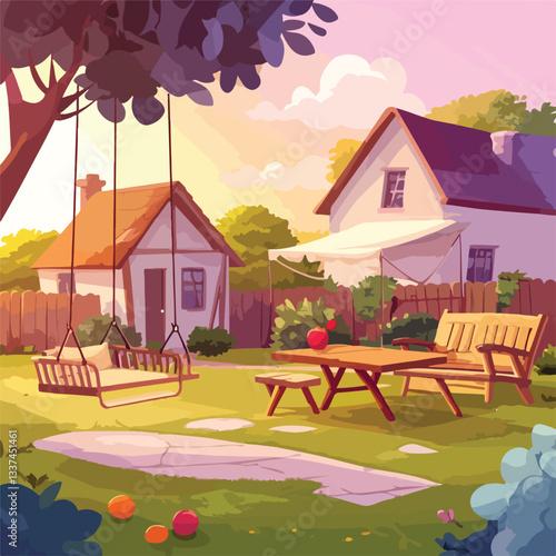 Rustic Country Home Backyard Sunset with Outdoor Furniture Scene
