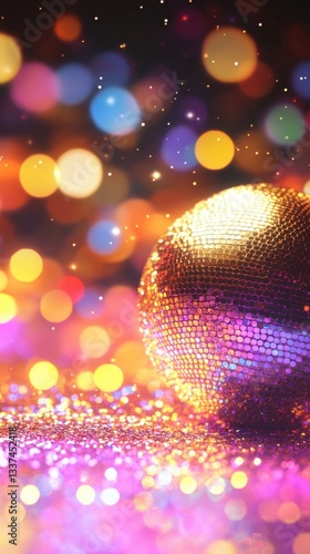 Disco ball on sparkling colorful floor