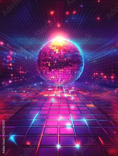 Retro disco ball on glowing dance floor