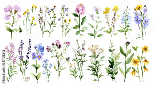 Fototapeta Naklejka Na Ścianę i Meble -  set of different watercolor wild spring flowers isolated on white or transparent background