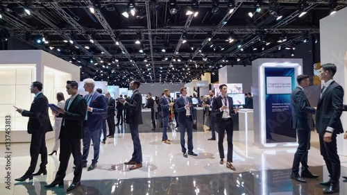Busy tech expo hall with dynamic crowd engagement and networking in modern setting