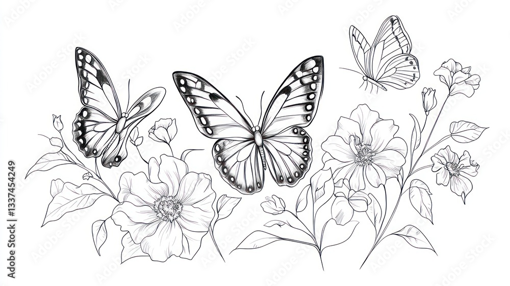 Fototapeta premium Elegant black and white butterfly and flower design. Suitable for invitations, stationery, or wall decor