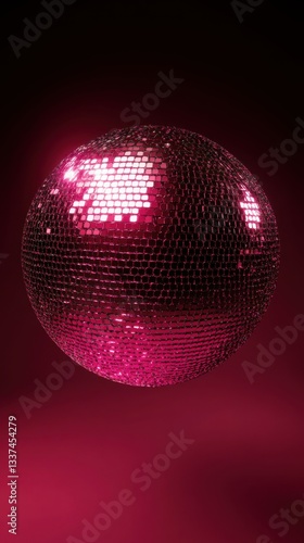 Pink glowing disco ball in dark room