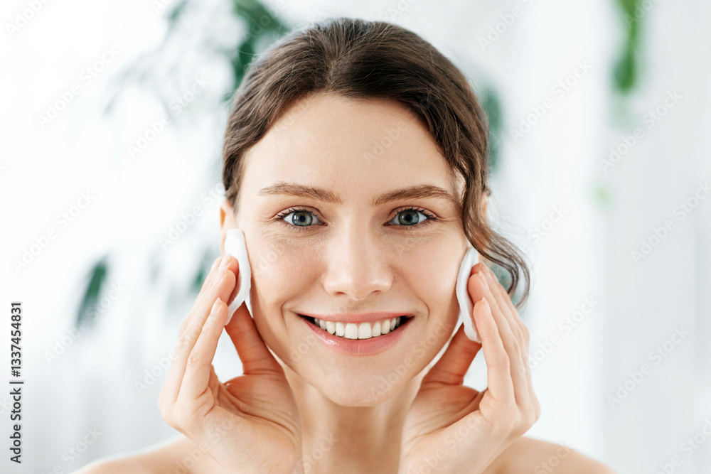 Cheerful girl holding cotton pads on her cheeks, removing makeup at home, closeup Cheerful girl holding cotton pads on her cheeks, removing makeup at home, closeup