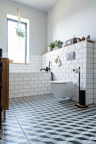 Modern bathroom interior with pattern tiles on the floor in industrial design and stylish decor. Ceramic toilet in industrial apartment. Vertical.
