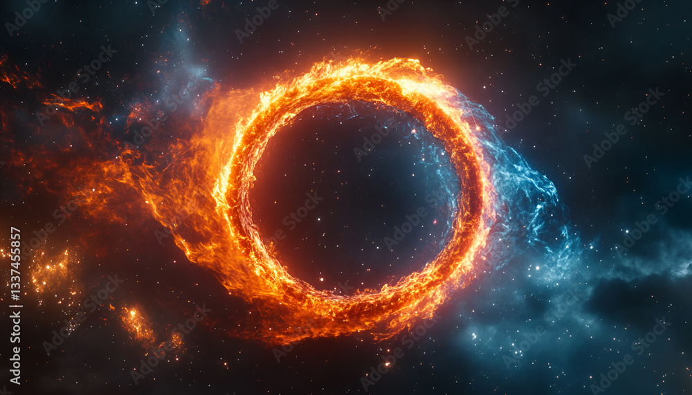 Naklejka premium Fiery and icy circle in cosmic space. Abstract concept of fire and ice. Concept of contrast, energy, balance, and cosmic design. Black hole,