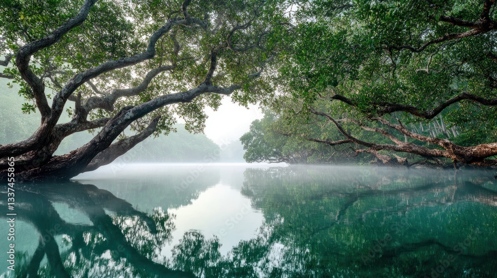 Serene Mangrove Tunnel: Tranquil Reflections on Still Waters Serene Mangrove Tunnel: Tranquil Reflections on Still Waters