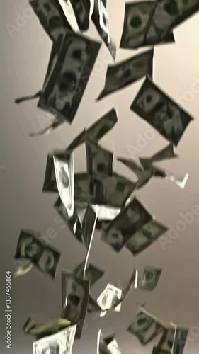 Dramatic currency cascade: dollars falling in graceful midair dynamics