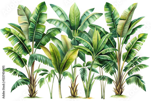 Watercolor Banana Tree Trio with Lush Green Leaves