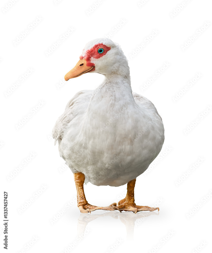 Obraz premium White Muscovy duck with red facial markings and blue eyes stands isolated on transparent background. PNG file.