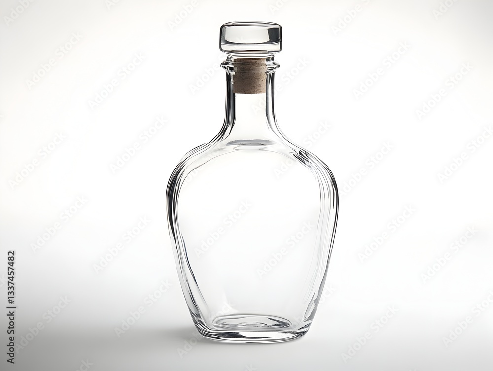 A clear glass decanter with a cork stopper sits on a white background, perfect for liquor or decorative purposes. A clear glass decanter with a cork stopper sits on a white background, perfect for liquor or decorative purposes.