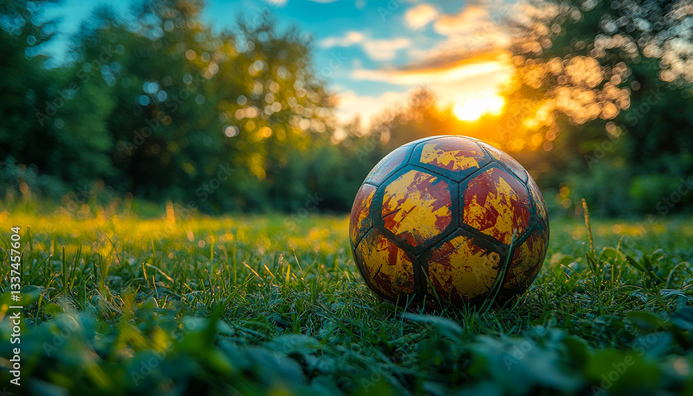 Fototapeta premium Soccer ball rests on grass at sunset. A colorful soccer ball is placed on lush grass during a vibrant sunset, showcasing nature's beauty and tranquility.