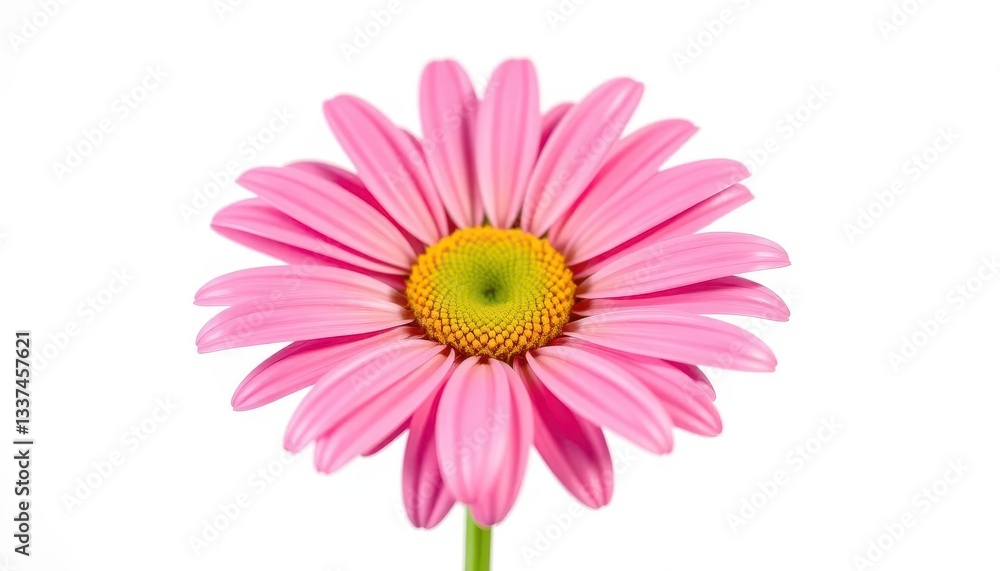 A single, vibrant daisy, petals fully open, isolated against a pure white backdrop, spring, vivid A single, vibrant daisy, petals fully open, isolated against a pure white backdrop, spring, vivid