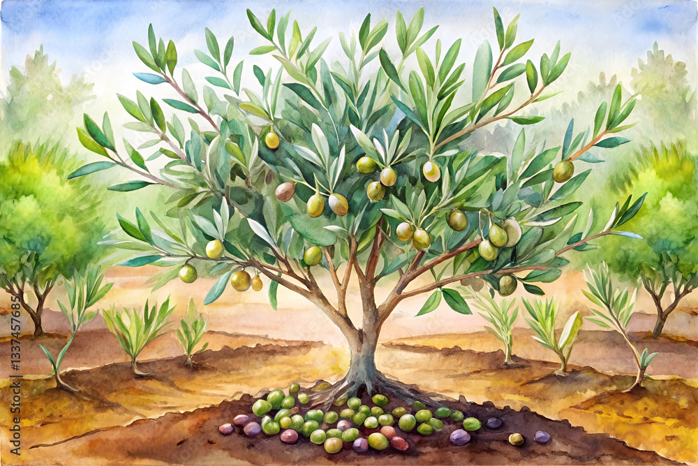 Fototapeta premium Watercolor Olive Tree with Green Olives Illustration