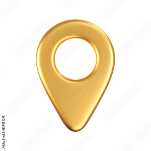 3D gold location pointer icon isolated on a white background. A render of a realistic golden direction sign and location map pin. Navigation GPS sign. 3D cartoon vector icon