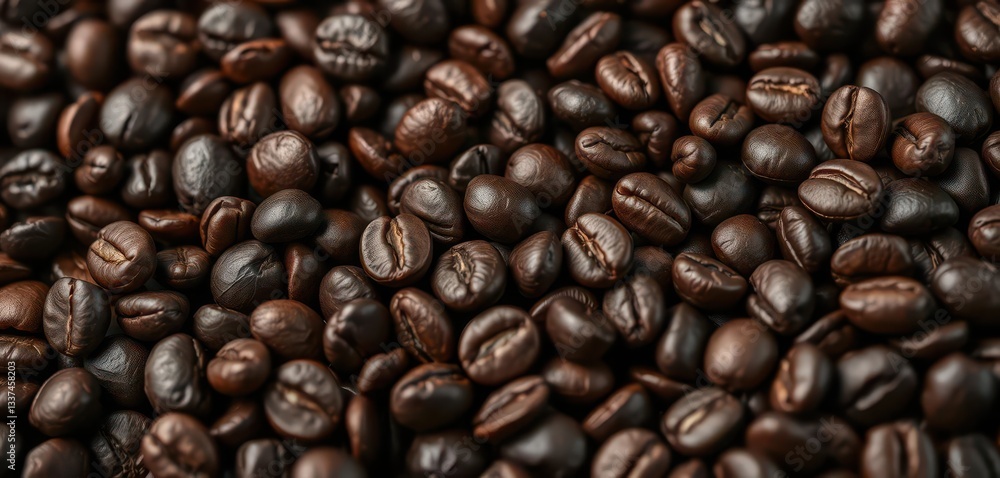 Fototapeta premium Dark roasted coffee beans close-up, rich aroma, espresso, roasted