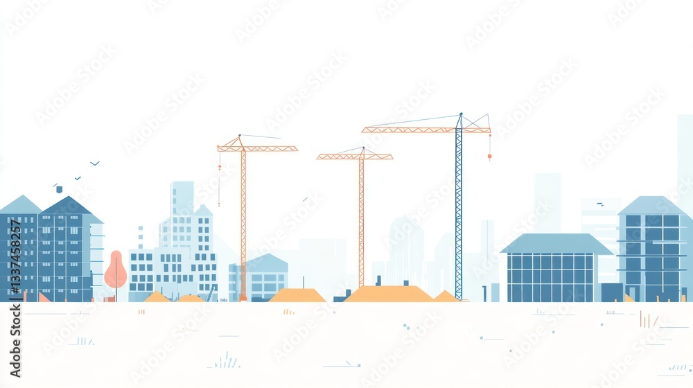Obraz premium Cityscape under construction, cranes, buildings, progress