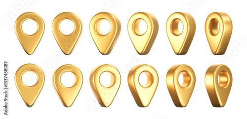 3D gold location pointer icon set isolated on a white background. A render of a realistic golden direction sign and location map pin. Navigation GPS sign. 3D cartoon vector icon