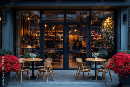front view photo, exterior of the coffee shop, glass window door with interior visible from the front, furniture decoration and appropriate layout design, modern concept