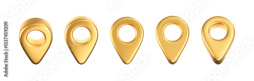 3D gold location pointer icon set isolated on a white background. A render of a realistic golden direction sign and location map pin. Navigation GPS sign. 3D cartoon vector icon