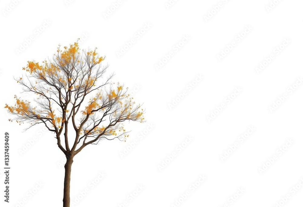 Fototapeta premium Lone deciduous tree, branches reaching skyward, stark white backdrop, element, background